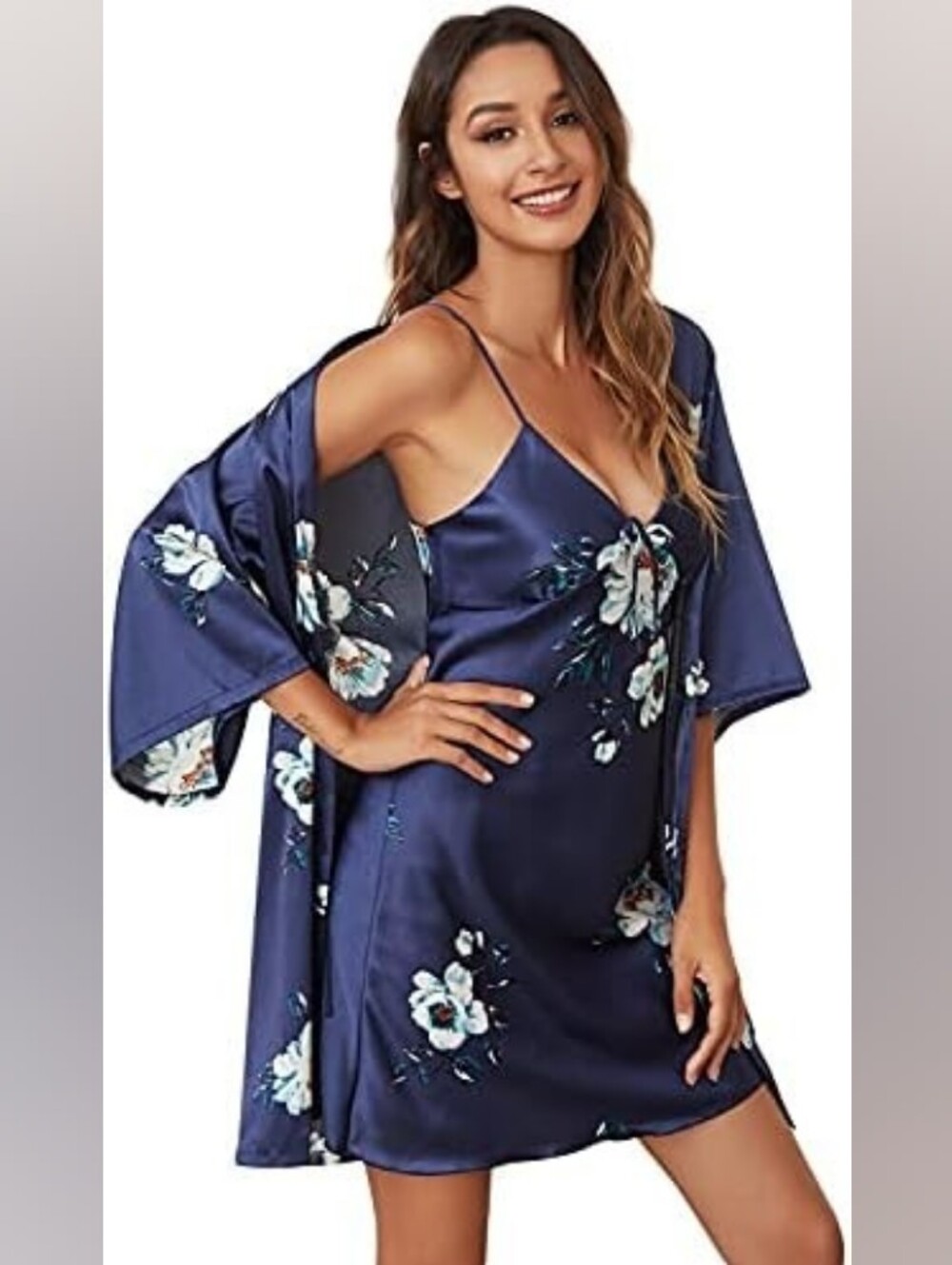 Escalier Silky Navy Floral Slip Dress & Robe Set